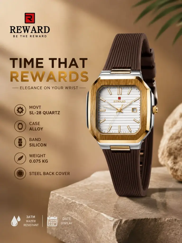 REWARD Quartz Sport Watch (Gold, Silver & Brown)