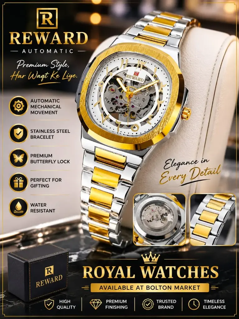 REWARD Automatic Arabic Design Watch (Silver White & Gold)